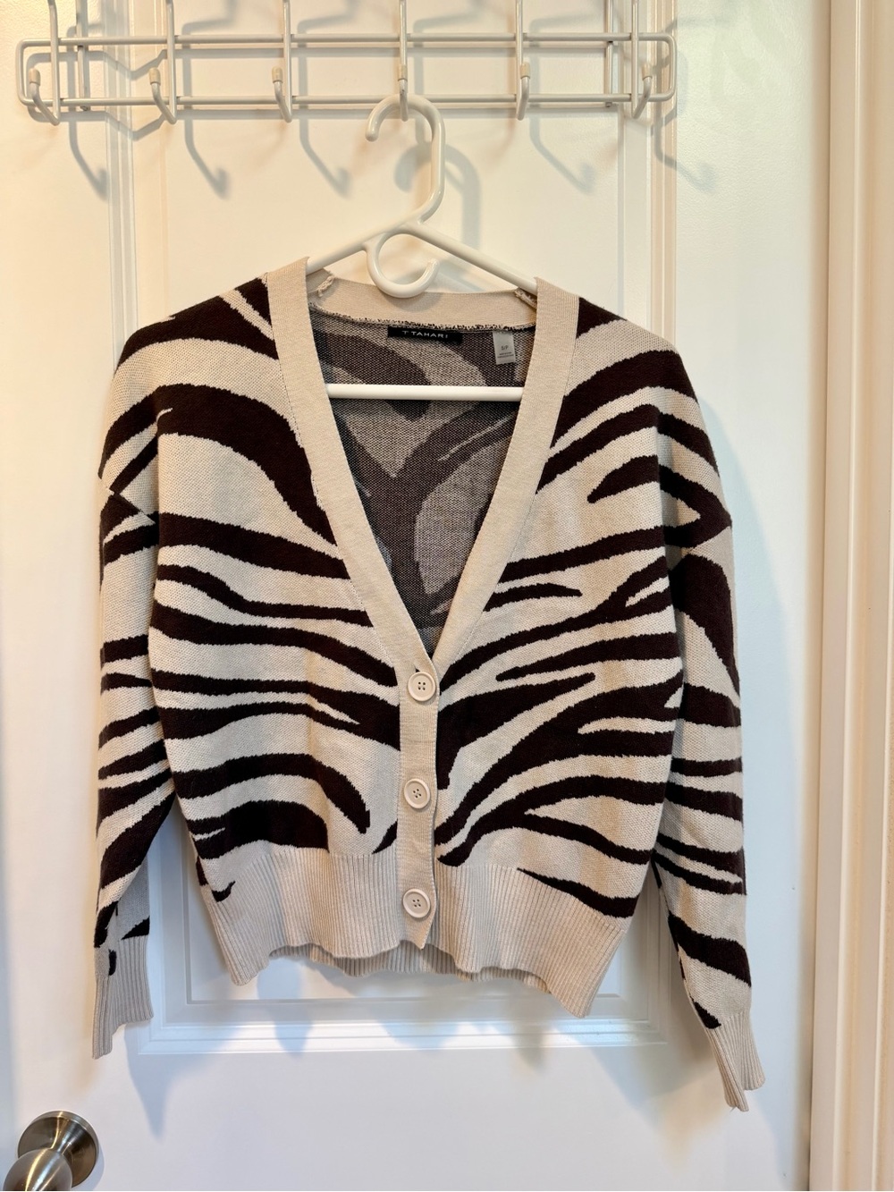 T Tahari Zebra-Stripe V-Neck Button Cardigan Sweater Cream Chocolate Brown Work